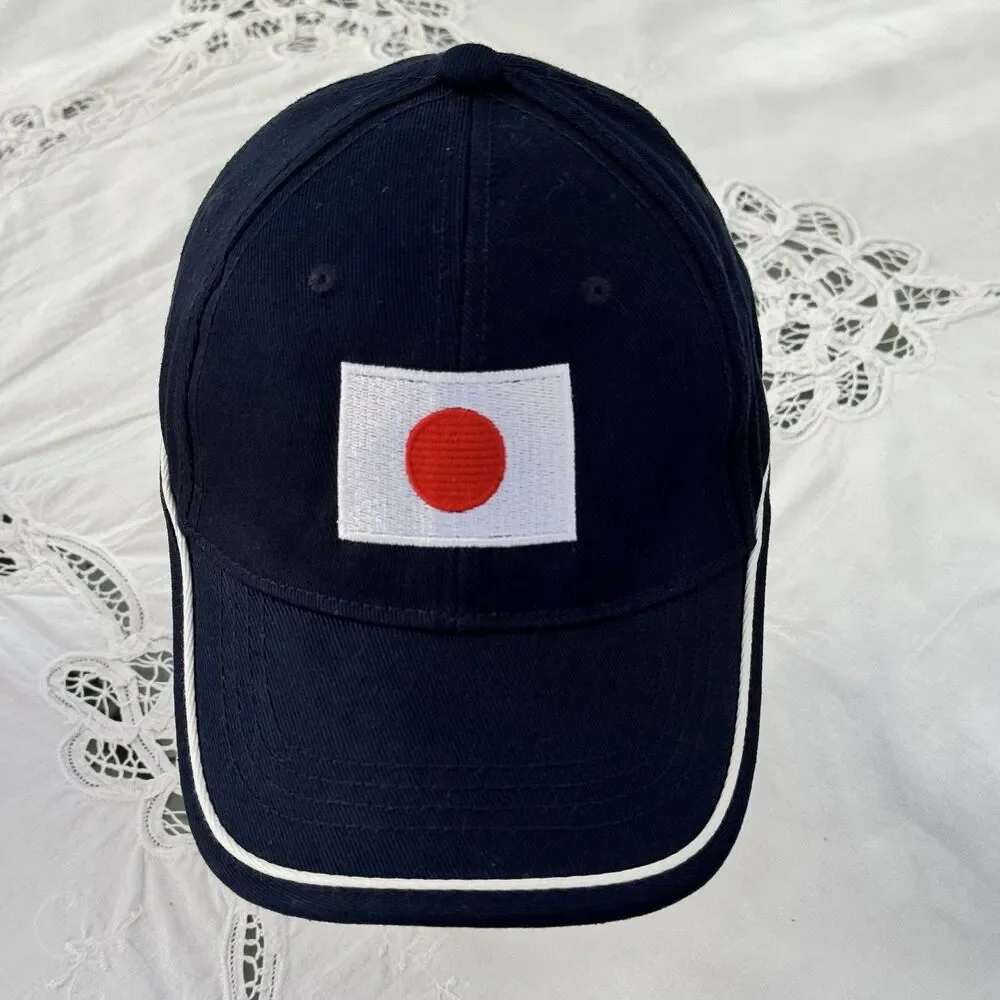 Japanese Flag Logo Baseball Cap Navy Blue w/White Trim Cotton Adjustable 58cm